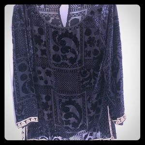 Black rayon and silk embroidered long sleeve top